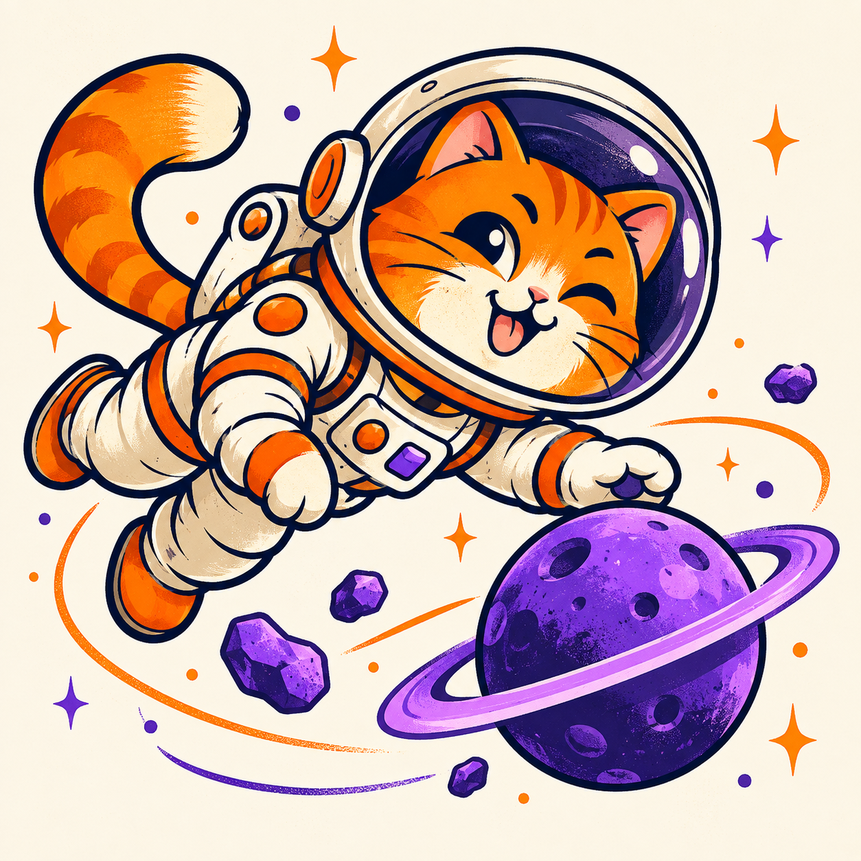 COSMO, an orange astronaut cat floating beside a purple planet